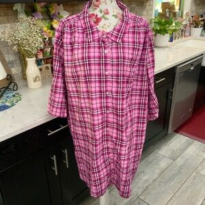 Woman Within Womens Plus 4X Purple Plaid Button Up Shirt Roll Tab Short Sleeve